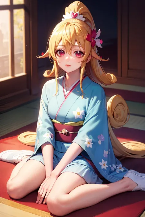 anime girl sitting on the floor in a kimono outfit