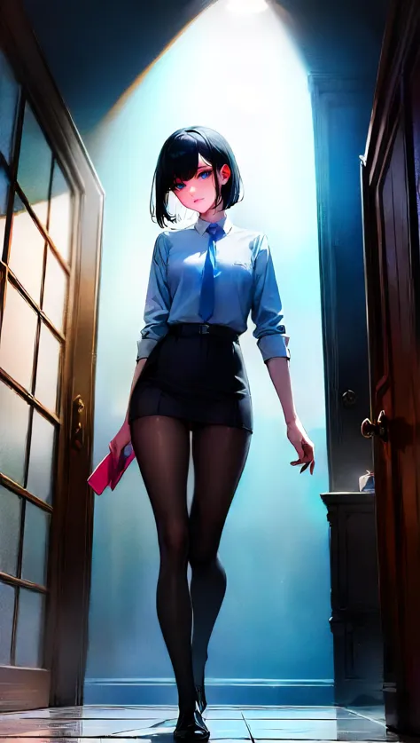 anime girl in short skirt and shirt walking through a doorway