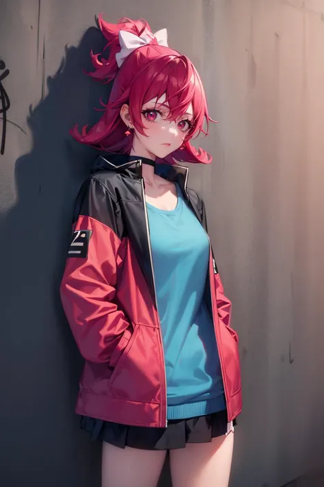 anime girl with pink hair and blue shirt leaning against a wall