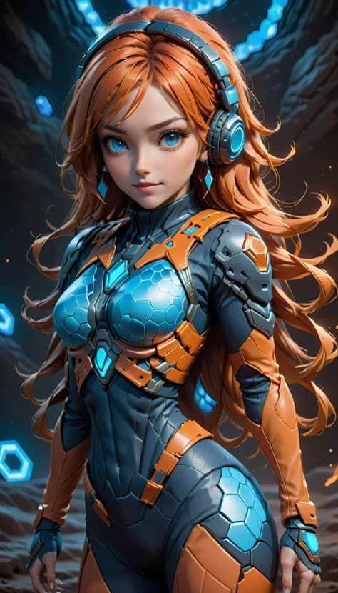 a woman in a futuristic outfit with headphones and a glowing background