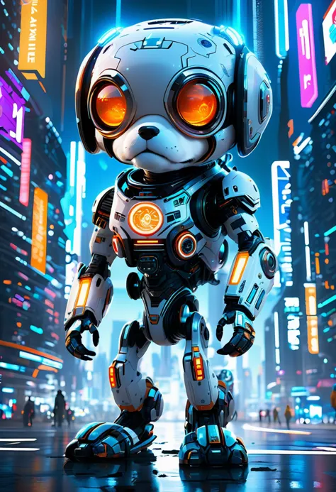 a robot dog standing in the middle of a city at night