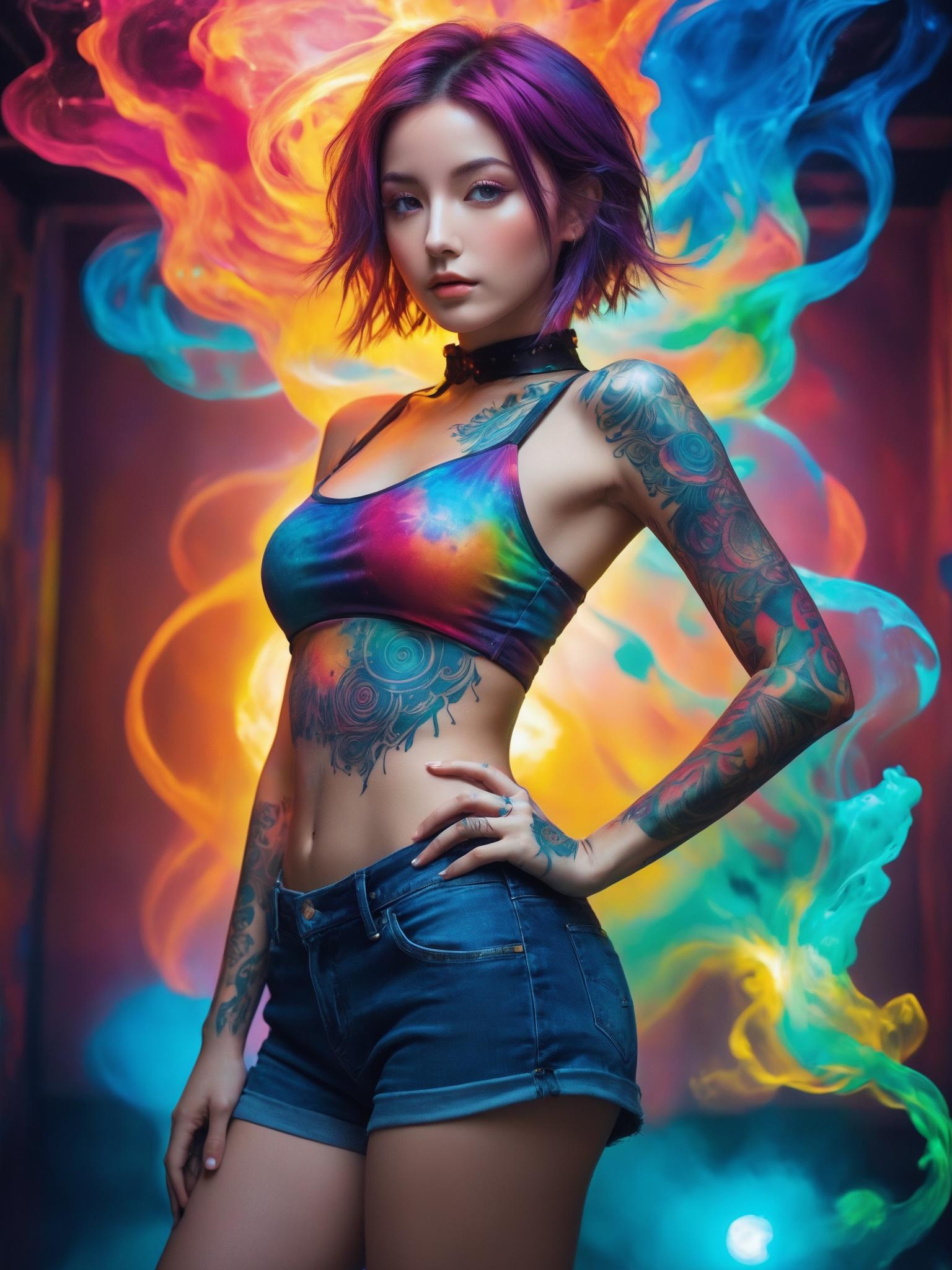 A woman with tattoos and a top is posing in front of a colorful background  - SeaArt AI