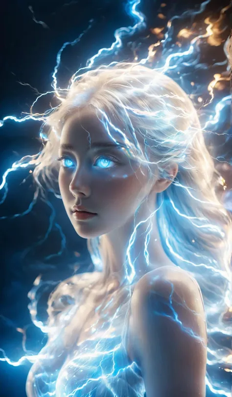 composed of elements of thunder,thunder,electricity,Create a spectral woman with a (translucent appearance:1.3),Her form is bare...