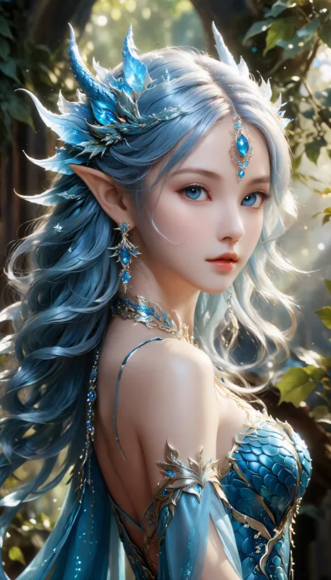 (full body shot:1.2), Lady of azure dragon, blue eyes, detailed eyes, petite and slender, shy expression, realistic, realistic. ...