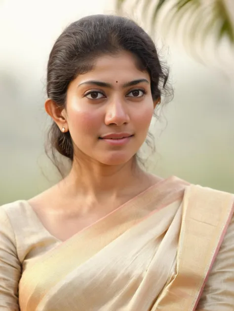 ultrarealistic hires close up photo of a 30-year-old sai pallavi woman, outdoors, realistic skin texture, looking looking at camera, high collar intricate (cotton_saree_blouse:1.2), beautiful bokeh background <lora:Sai_Pallavi_SDXL_LoRA-000003:1>