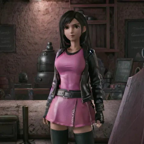 (8k, best quality, masterpiece:1.2),(ultra-detailed),(high quality:1.3),(high resolution),Tifa Lockhart,highly detailed open leather jacket, pink shirt, highly detailed pink black fluffy skirt,  in a sundries shop, potions, wands, herbs, window with light coming in, dark colors, dark lighting, atmospheric lighting, <lyco:tifaV16noise:1.0>