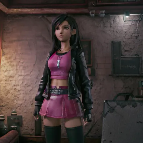 (8k, best quality, masterpiece:1.2),(ultra-detailed),(high quality:1.3),(high resolution),Tifa Lockhart,highly detailed open leather jacket, pink shirt, highly detailed pink black fluffy skirt,  in a sundries shop, potions, wands, herbs, window with light coming in, dark colors, dark lighting, atmospheric lighting, <lyco:tifaV16noise:1.0>