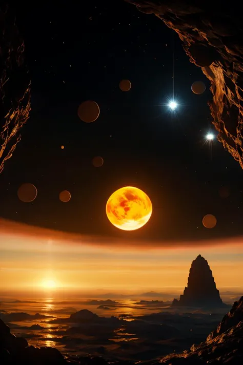 a view of the moon and planets from a cave