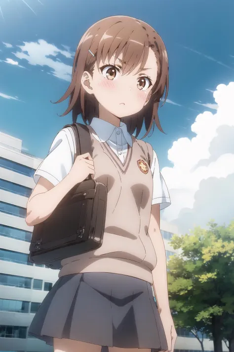 misaka_mikoto, 1girl, solo, school_uniform, tokiwadai_school_uniform, sweater_vest, skirt, bag, blush, building, tree, school_bag, day, school_briefcase, city, sky, outdoors, cloud, holding, brown_sweater_vest