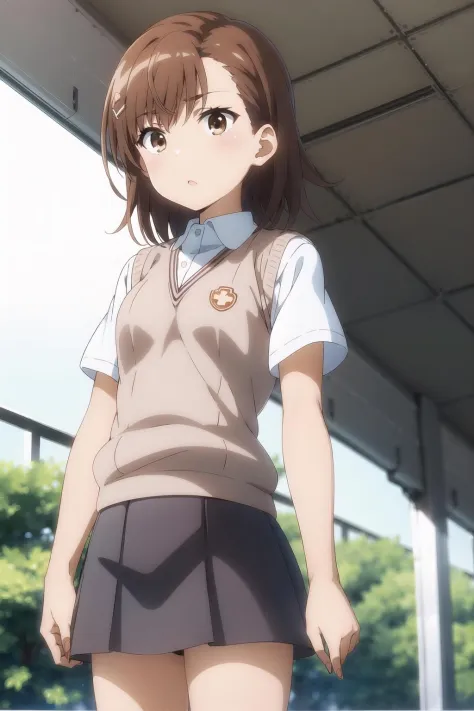 misaka_mikoto, 1girl, solo, school_uniform, tokiwadai_school_uniform, sweater_vest, skirt, brown_sweater_vest