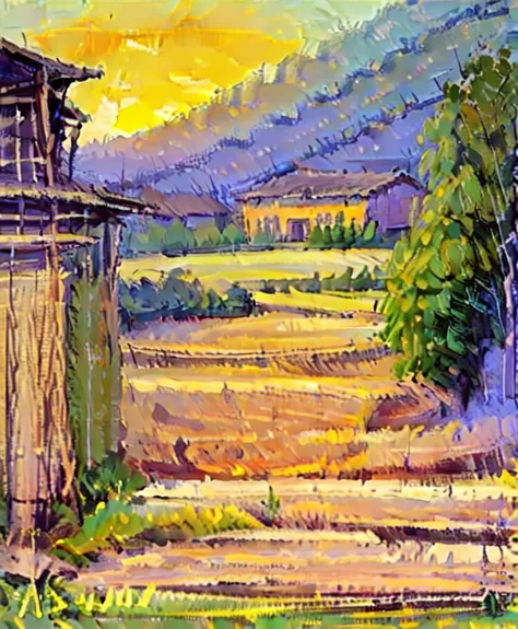 painting of a rural scene with a barn and a field