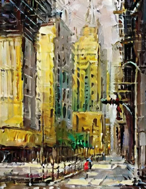 painting of a city street with a yellow building and a red umbrella