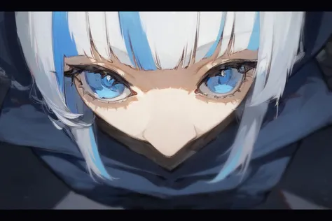 a close up of a person with blue eyes and a hoodie