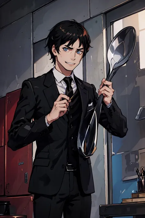 anime character in a suit holding a mirror and a tie