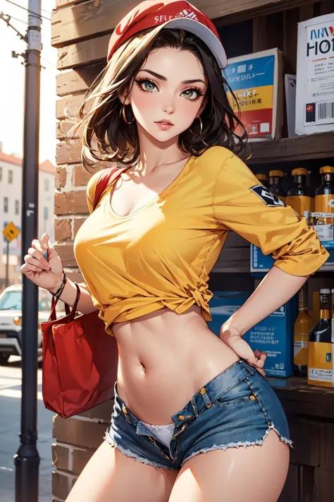 (masterpiece, best quality, hires, high resolution:1.2), (1girl, solo), (a sexy delivery girl), (mature woman), (expressive eyes, eyeleshes, eyeliner, eyeshadow), (midriff, navel), (red cap), (yellow shirt), (short jeans shorts), (unziped shorts), (panties visible), (open fly), (big square bag on her back), (cowboy shot),