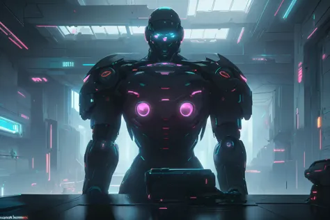 a man in a futuristic suit stands in a room with neon lights