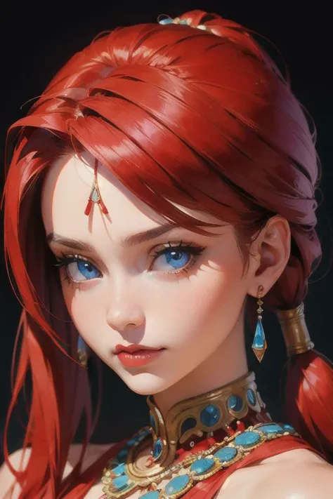 1woman , Mayan outfit , Mayan jewelries, perfect blue eyes, red mix hair ,pony tail hair, ((beautiful face)),(((best quality, masterpiece))),(((extreme realistic)))