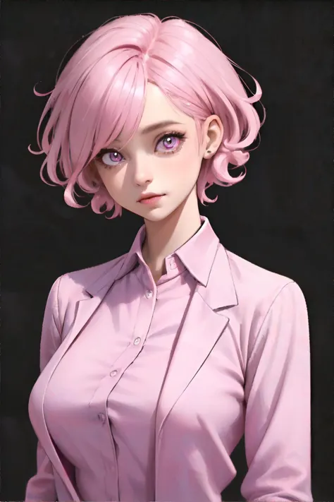 a close up of a person with pink hair and a pink shirt