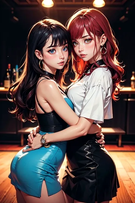 (masterpiece, best quality, hires, high resolution:1.2), (depth of field:1.2), 2girls in a nightclub, hug, looking at viewer, BR...