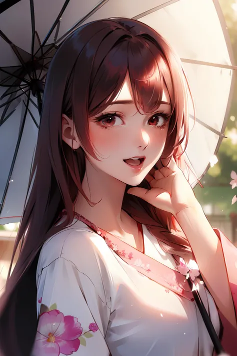 (masterpiece, best quality, ultra detailed:1.4), 1girl, (mature woman:1.4), blush, long_hair, looking_at_viewer, pointing at viewer, from_below, swept_bangs, very_long_hair, high contrast, umbrella
detailed background, cherry_blossom, steam, sweat, glowing skin
smile, laugh, open mouth
eyesgen, (red eye:0.9)  jlfd, woman wearing jlfd