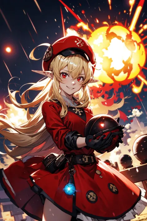 1girl, solo, evil smile, dynamic pose, holding a bomb, it's raining bombs, red round bombs, explosions, <lora:Adult_Klee_Genshin...