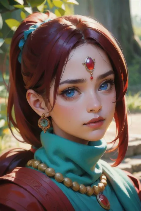 1woman , Mayan outfit , Mayan jewelries, perfect blue eyes, red mix hair ,pony tail hair, ((beautiful face)),(((best quality, masterpiece))),(((extreme realistic)))