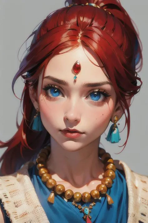 1woman , Mayan outfit , Mayan jewelries, perfect blue eyes, red mix hair ,pony tail hair, ((beautiful face)),(((best quality, ma...