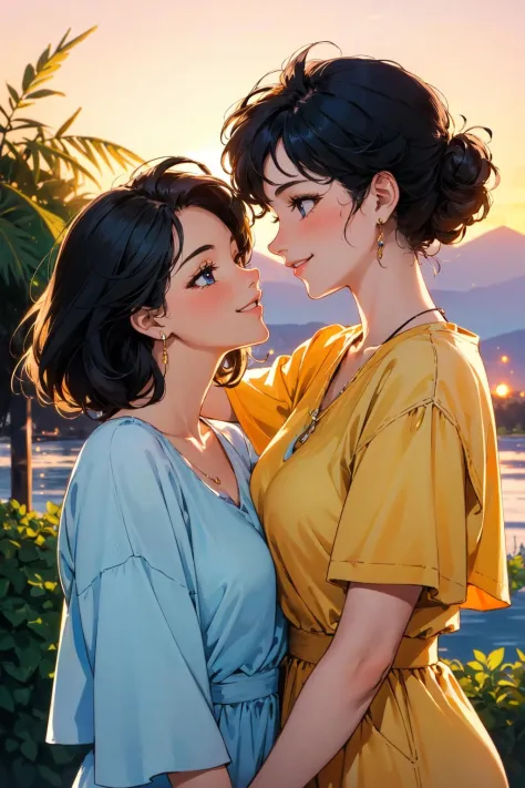 (masterpiece, best quality:1.2), intricate detail, (2girls), (mature women), nature, sunset, golden hour, warm glow, vaporwave, ...