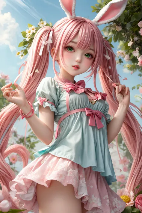 a close up of a person with long pink hair and bunny ears