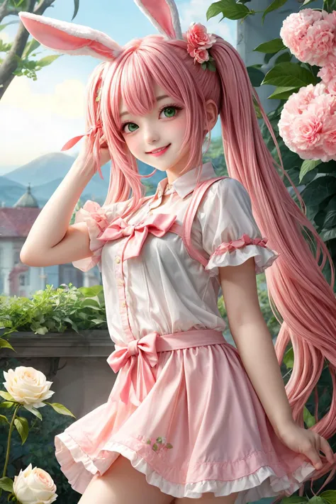 a close up of a person with long pink hair and a dress