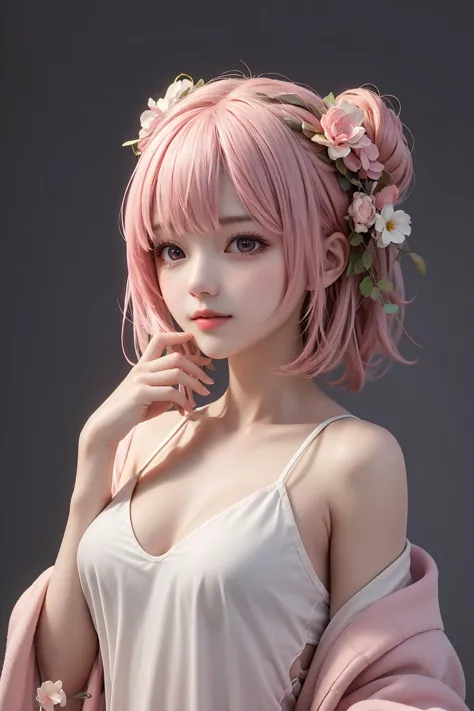 a woman with pink hair and a flower crown on her head