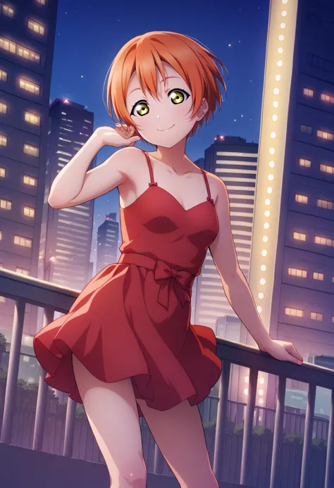 score_9, score_8_up, score_7_up, score_6_up, source_anime, 
1girl, 
hoshizora rin, love live!, 
score_9, score_8_up, score_7_up, score_6_up, source_anime, orange hair, yellow eyes, short hair, small breasts, casual, standing, night, city, outdoors, red dress, building, dress, solo, skyscraper, smile
 <lora:LLChar_Pony:0.8>