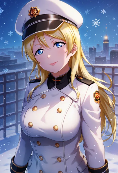 a close up of a woman in a uniform standing in front of a snowy city