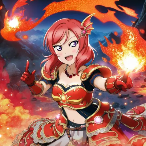 nishikino maki, love live!, red hair, purple eyes, medium hair, 1girl, detailed fire red background, red armor, smile, open mouth, bow, necklace, jewelry, looking at viewer, ruby necklace, blush, ;d, fire, hair ornament, fantasy, beads, collarbone, fire palace, mystical, lava, mountain, dragon scale armor, midriff, cleavage, bare legs, gloves, magic, magical energy, fireball, casting magic, fire magic, rocks, dragon in background, pointing at viewer, 
BREAK
score_9, score_8_up, score_7_up, score_6_up, source_anime <lora:LLChar_Pony-000020:1>