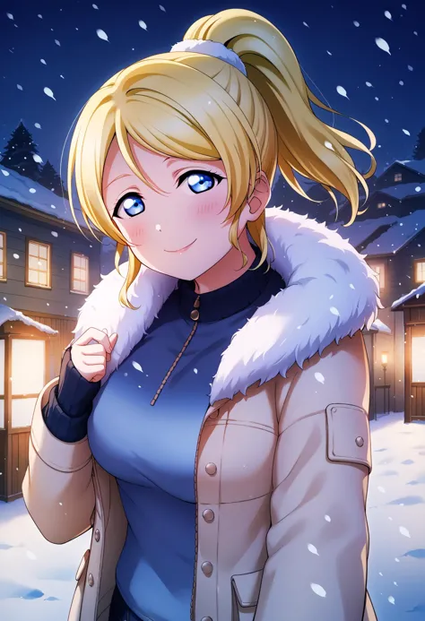 score_9, score_8_up, score_7_up, score_6_up, source_anime, 
1girl, 
ayase eli, love live!, 
blonde hair, blue eyes, ponytail, medium hair, large breasts, winter clothing, night, outdoor, fur trim, snow, solo, looking at viewer, jacket, blush, long sleeves, smile, fur-trimmed jacket, snowing, hair between eyes
 <lora:LLChar_Pony:0.8>