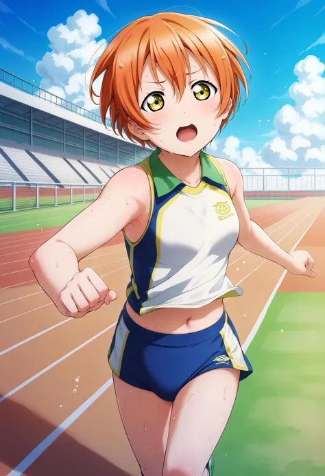 a woman running on a track with a blue and white uniform