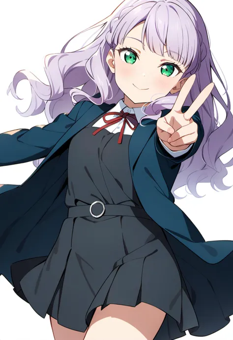 anime girl with purple hair and green eyes pointing at something