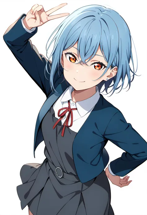 masterpiece, best quality, very aesthetic, absurdres,4K,
perfect,
1girl, wakana shiki,  love live!,orange eyes, 
light blue hair, short hair, bangs, crossed bangs, hair between eyes,
earrings, jewelry,  stud earrings, 
school uniform, yuigaoka ,
winter uniform, ((collarless_jacket)), blue jacket, open jacket,
shirt, white shirt, collared shirt,
grey dress, pinafore dress,
red ribbon, ribbon, neck ribbon,
solo, smile, standing, v,
from front, cowboy shot, feet_out_of_frame,
simple background, (white background:1.8),