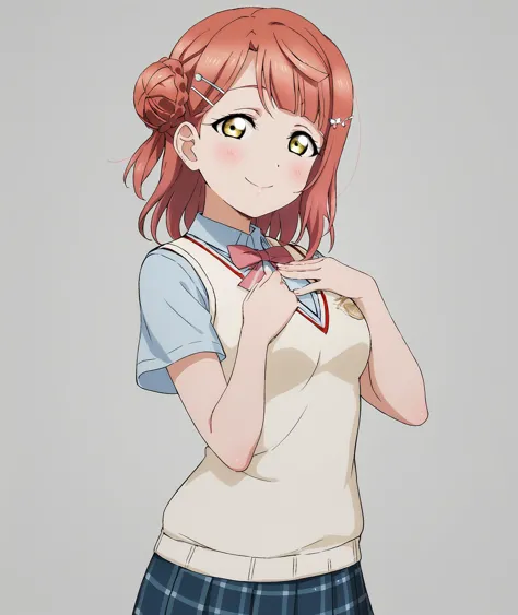 anime girl with red hair and a school uniform posing for a picture