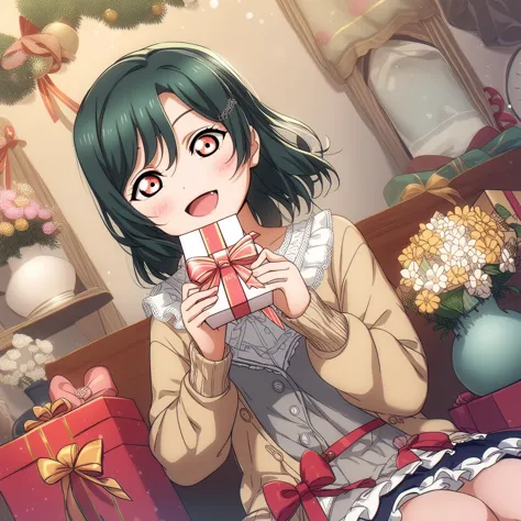 anime girl with green hair holding a present in front of a christmas tree