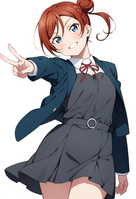 a woman in a school uniform pointing at something