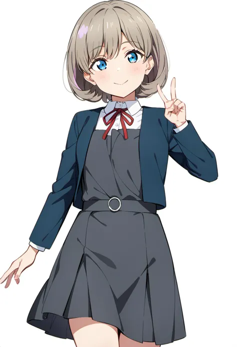 masterpiece, best quality, very aesthetic, absurdres, 4K,
perfect,
1girl, tang keke, love live!,(blue eyes), 
(grey hair, pink hair, multicolored hair, bangs, short hair),
(school uniform, yuigaoka school uniform),
(winter uniform, (((collarless_jacket))), blue jacket, open jacket),
(shirt, white shirt, collared shirt),
(grey dress, pinafore dress),
(red ribbon, ribbon, neck ribbon),
solo, smile, standing, v,
from front, cowboy shot, feet_out_of_frame,
simple background, (white background:1.8),