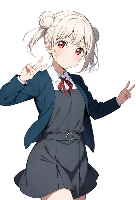 masterpiece, best quality, very aesthetic, absurdres, 4K, 
perfect,
1girl, arashi chisato, love live!,(red eyes,), (white hair, hair bun, double bun, bangs, twintails, blunt bangs),
(school uniform, yuigaoka school uniform),
(winter uniform, (((collarless_jacket))), blue jacket, open jacket),
(shirt, white shirt, collared shirt),
(grey dress, pinafore dress),
(red ribbon, ribbon, neck ribbon),
solo, smile, standing, v,
from front, cowboy shot, feet_out_of_frame,
simple background, (white background:1.8),