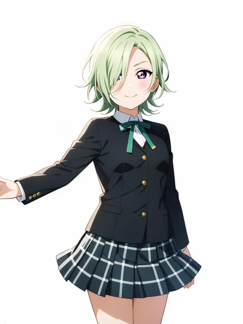 anime girl in a school uniform with green hair and a bow