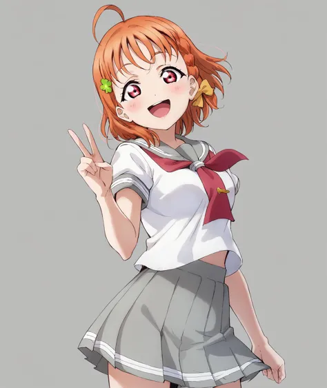 takami chika, love live!, orange hair, red eyes, short hair, ahoge, braid, medium breasts, 
white background, school uniform, sk...