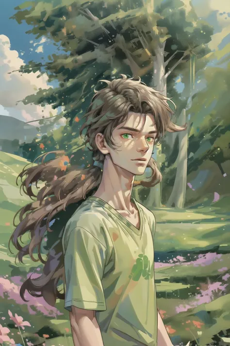 a painting of a young man with long hair standing in a field