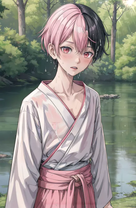 anime girl in a kimono outfit standing by a river