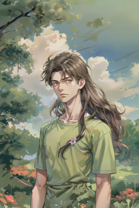 a painting of a young man with long hair standing in a field