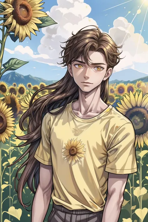 a man standing in a field of sunflowers with a sky background