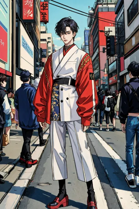 anime character in a kimono outfit standing on a city street